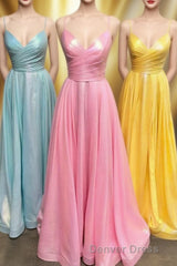 Simple A-line Pleated Spaghetti Straps Long Prom Dresses
