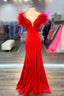 Red Mermaid Fur Off the Shoulder Long Prom Dresses