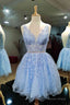 Blue Sleeveless Rolled Lace V Neck Short Prom Dress, Homecoming Dresses