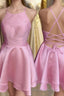 Candy Pink Spaghetti Straps Sleeveless Stain Short Prom Dresses, Homecoming Dresses