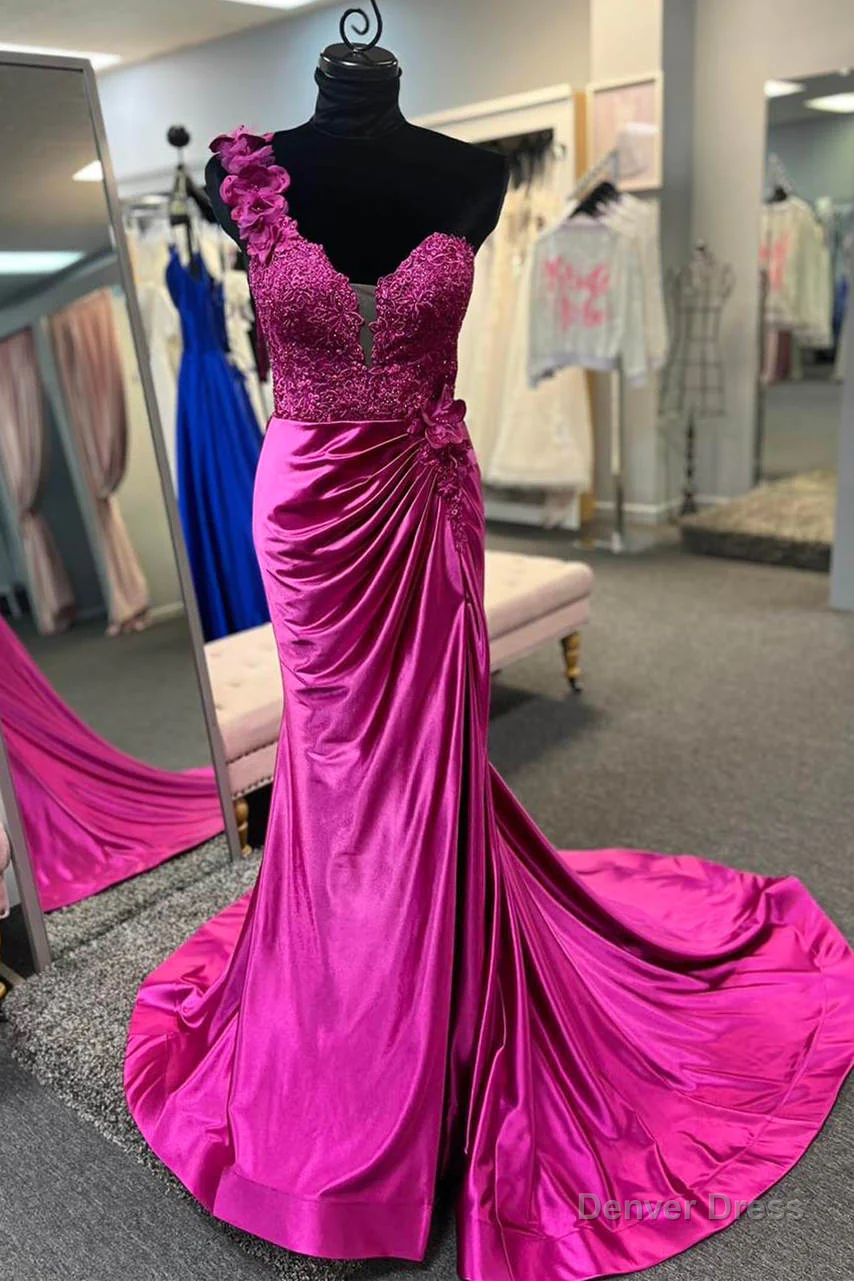 Mermaid One Shoulder Fuchsia Long Prom Dress,Sparkly Evening Dress Y1677