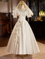 White Satin Short Sleeves Tea Length Lace Retro A Line Prom Dresses