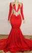 Black Girl Prom Dress, Long Sleeve Red Prom Dresses With Beads Crystals V Neck Open Back Sexy Prom Gown Cheap
