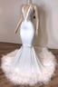 Black Girl Prom Dress, V Neck Sexy Backless White Prom Dresses With Feather Mermaid Crystals Appliques Prom Gown