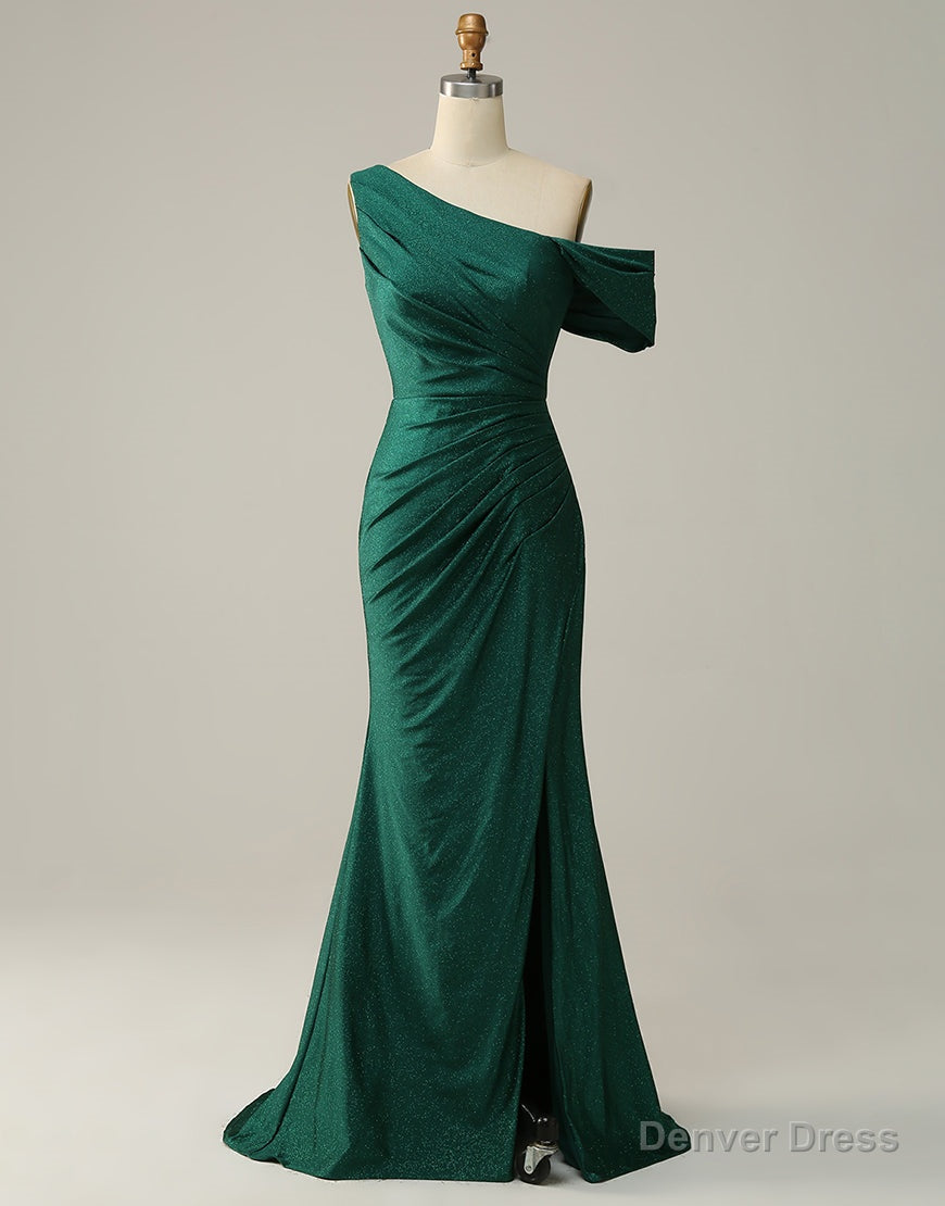 Dark Green Off The Shoulder Long Glitter Prom Dresses With Split