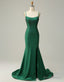 Dark Green Spaghetti Straps Corset back Prom Dresses With Split