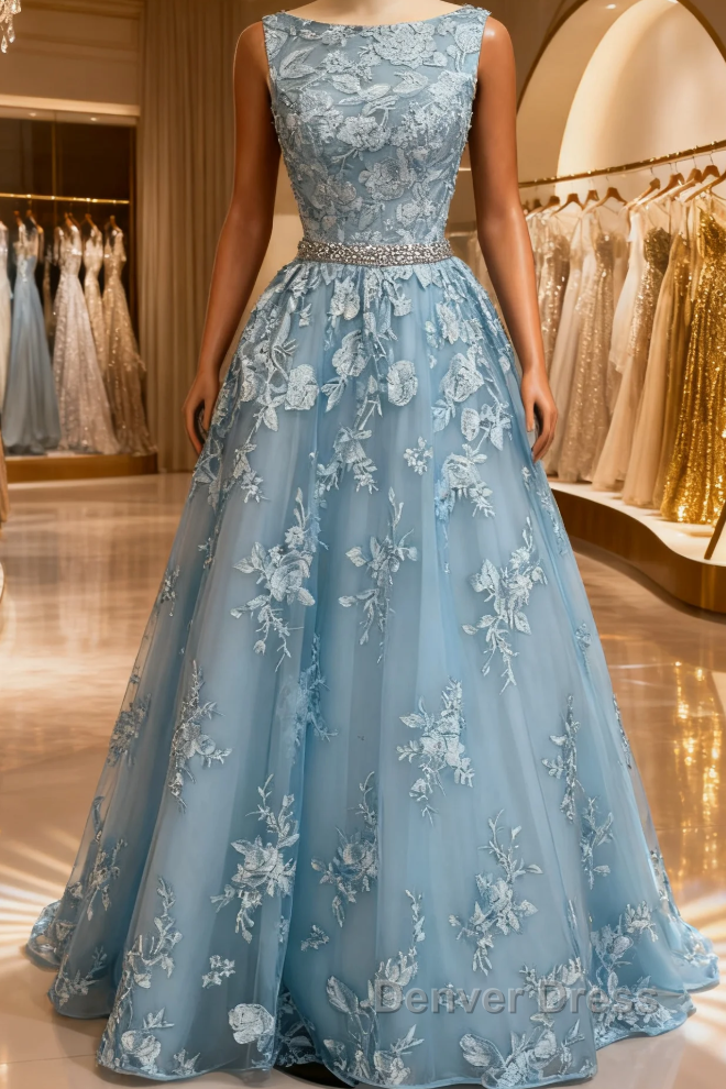 Dusty Blue A-line Backless Prom Dress Long Dusty Blue Lace Formal Dres