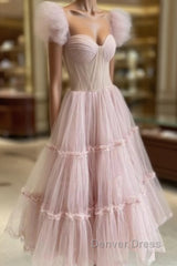 Dusty Rose Teried Tulle Tea Length Prom Dresses