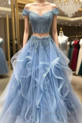 Dusty Blue Two Piece Off Shoulders Ruffles Skirt Prom Dresses