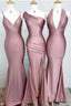 Dusty Rose Mermaid V Neck Split Side Long Prom Gown Bridesmaid Dresses