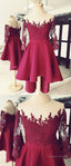 Cute High Low Lace Applique Burgundy Homecoming Dress, Short Prom Dresses, E0744