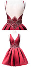 Sweet A Line V Neck Sheer Back Beaded Crystals 8Th Grade Prom Dress, Short Burgundy Prom Homecoming Dresses, E0983