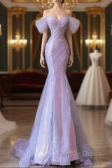 Purple Sweetheart Sequin Beaded Mermaid Long Prom Dresses,Purple Tulle Train Prom Gown