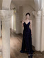 Navy Blue Spaghetti Strap A-Line V-Neck Sequined Long Prom Dress, Adult Ceremony Graduation Evening dress
