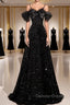 A-Line Off Shoulder Velvet Sequin Long Black Prom Dresses, Black Long Evening Dresses