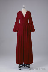 Elegant Long Sleeves V Neck Chiffon Long Bridesmaid Dresses