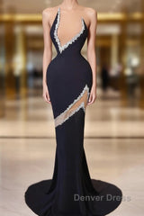 Mermaid V-neck Sleeveless Rhinestone Satin Tulle Prom Dresses