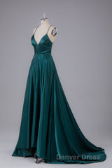 Elegant Open Back Spaghetti Straps Sweep Train Long Prom Dresses