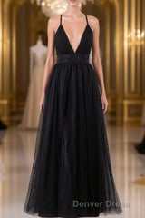 Elegant Tulle Spaghetti Straps Backless Floor Length Prom Dresses