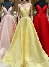 Elegant Yellow Satin Long Prom Dresses with Cross Back