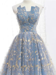 Elegant A Line Blue Tulle Long Strapless Lace Up Gold Evening Dress, Prom Dresses, Js223