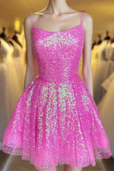 Cute Hot Pink Sequins A-Line Homecoming Dresses Hoco Night Dresses