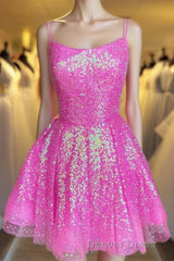 Cute Hot Pink Sequins A-Line Homecoming Dresses Hoco Night Dresses