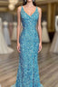 Glitter V Neck Tiffany Blue Mermaid Prom Dreess