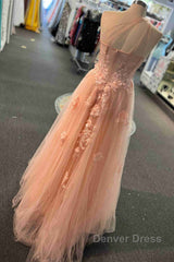 Sweetheart One Shoulder Pink Prom Dresses with Flowers