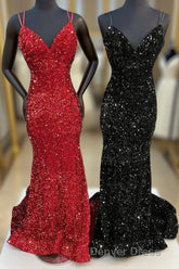 Mermaid Sequine Long Prom Dresses with Double Straps