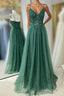 Hunter Green A Line Beaded Applique Straps Tulle Long Prom Dresses