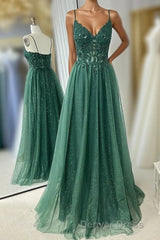 Hunter Green A-line Beaded Applique Straps Tulle Long Prom Dresses