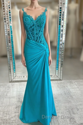 Jade Appliques Straps Twist Knot Mermaid Satin Long Prom Dresses