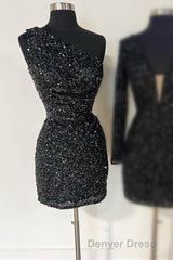 One Shoulder Gold Cutout Sequin Tight Homecoming Dresses