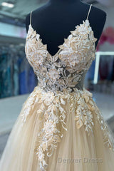 V-Neck Champagne Appliques Long Prom Dresses with Straps
