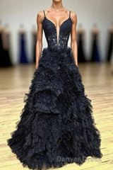 Gorgeous Black Straps Ruffled Long Prom Dresses with Appliques