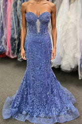 Sweetheart Periwinkle Keyhole Mermaid Prom Dresses with Appliques