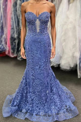 Sweetheart Periwinkle Keyhole Mermaid Prom Dresses with Appliques