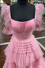 Cold Shoulder Pink Feathers A-Line Tiered Prom Dresses