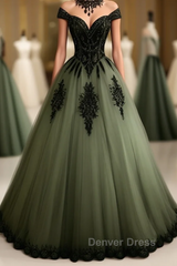 Green A-line Tulle Prom Dresses Off The Shoulder Formal Evening Gown