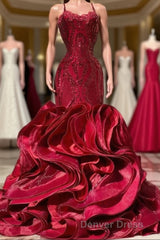 Fabulous Burgundy Long Mermaid Spaghetti Straps Satin Lace Prom Dresses