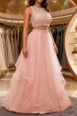 Fairy Blush Pink Two Piece Long Prom Dresses