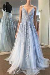 Fairy Light Blue Lace Appliques Tulle A-line Long Prom Dresses