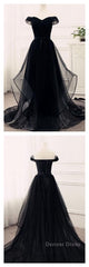 Flowy Tulle Off Shoulders Tulle Black Prom Dresses
