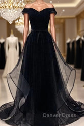 Flowy Tulle Off Shoulders Tulle Black Prom Dresses