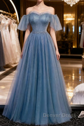 Glitter Fairytale Tulle Dusty Blue Prom Dresses
