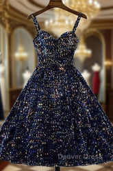 Glitter Navy Blue Sequin Short Prom Dresses