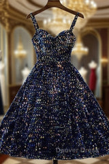 Glitter Navy Blue Sequin Short Prom Dresses