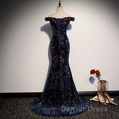 Glitter navy Sequins Off Shoulders Tight Fit Formal Prom Dresses