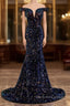 Glitter navy Sequins Off Shoulders Tight Fit Prom Dresses
